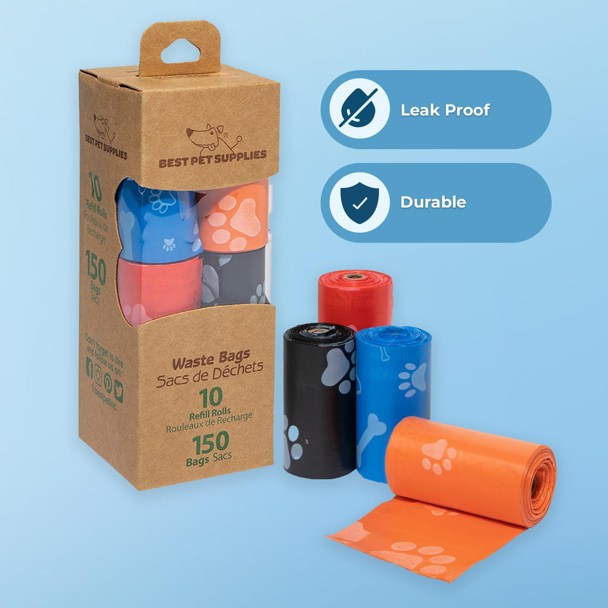 Best Pet Supplies Dog Poop Bags (150 Bags) for Waste Refuse Cleanup, Doggy Roll Replacements for Outdoor Puppy Walking and Travel, Leak Proof and Tear Resistant, Thick Plastic - Assorted Colors-UPStoxs