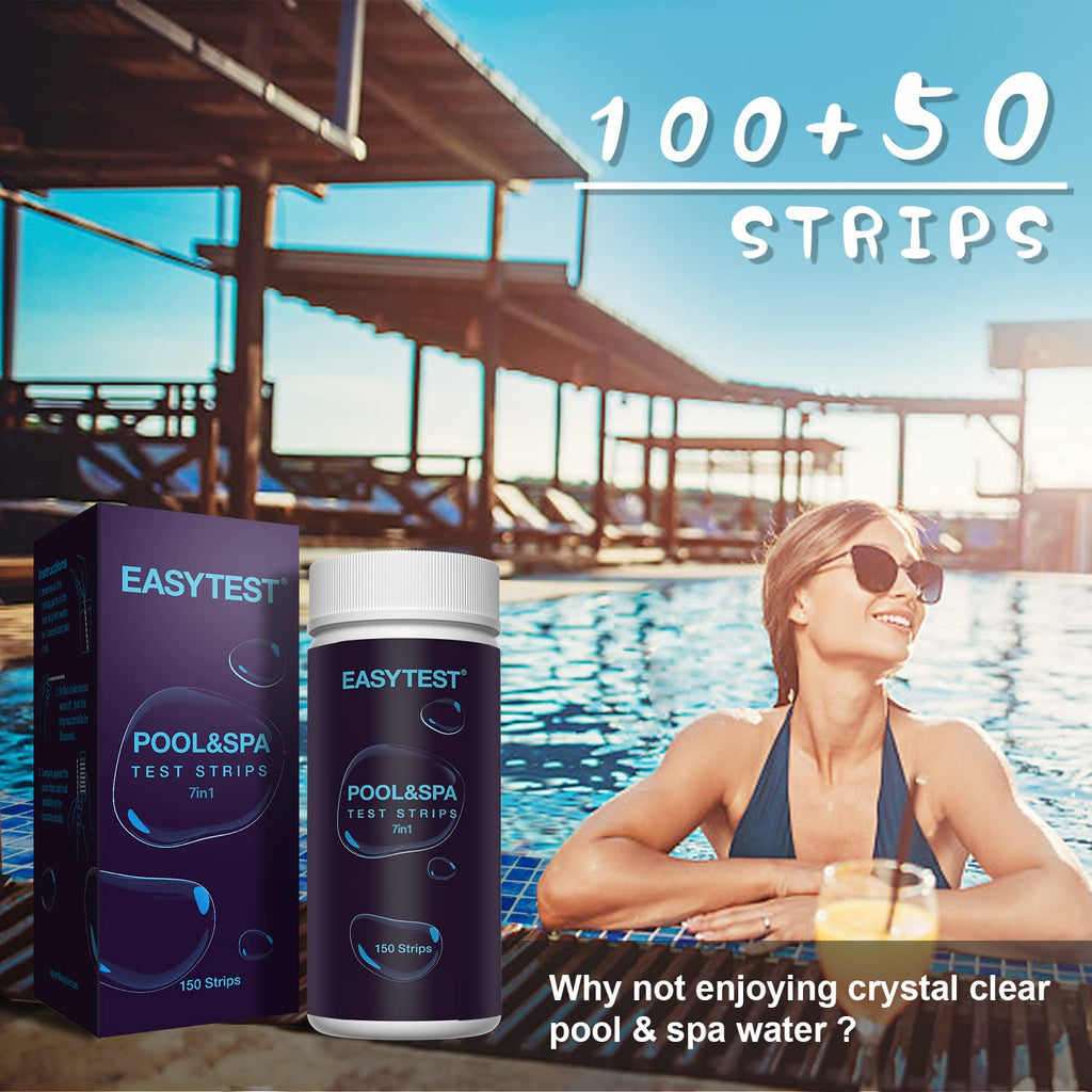 EASYTEST 7-Way Pool Test Strips, 150 Strips Water Chemical Testing for Hot tub and Spa, Accurate Test Bromine, Total Alkalinity, pH, Free Chlorine, Total Hardness, Cyanuric Acid, and Total Chlorine-UPStoxs
