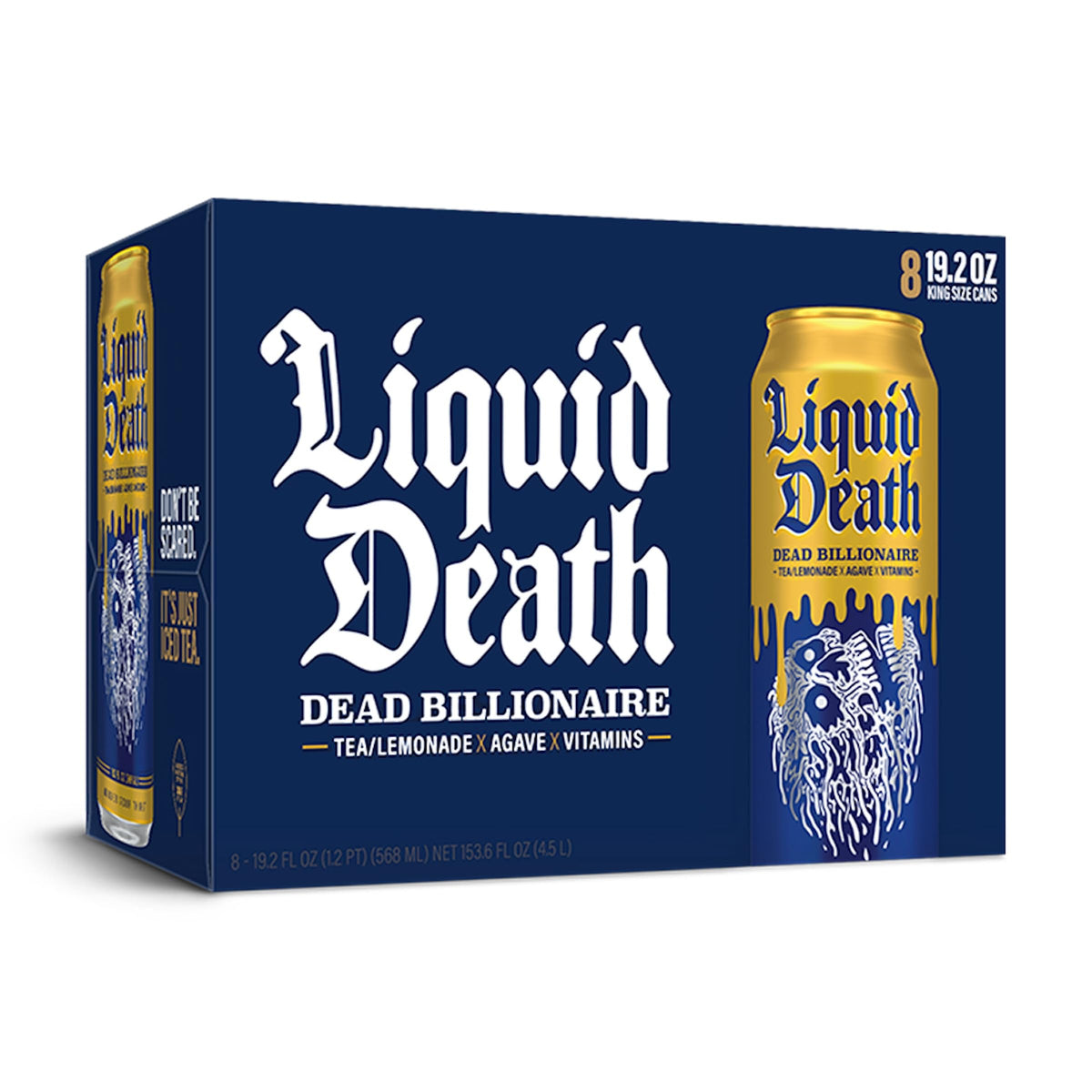 Liquid Death, Dead Billionaire Iced Tea, 8-Pack (King Size 19.2oz Cans), Half Lemonade Half Black Tea Sweetened With Real Agave, B12 & B6 Vitamins, Low Calorie & Low Sugar-UPStoxs