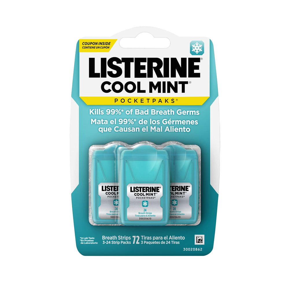 Listerine Cool Mint Pocketpaks Breath Strips Kills Bad Breath Germs, 24-Strip Pack, 3 Pack-UPStoxs