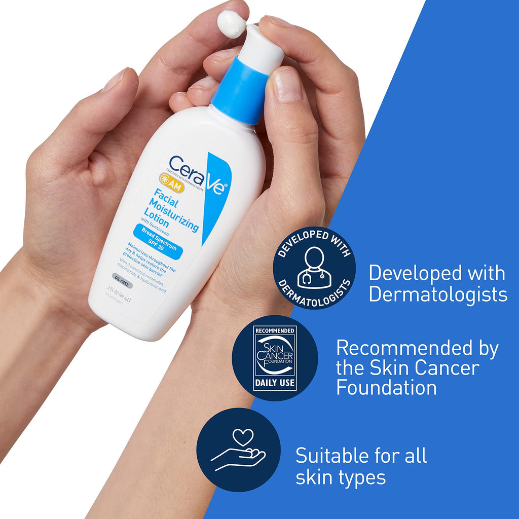 CeraVe AM Facial Moisturizing Lotion with SPF 30 | Oil-Free Face Moisturizer with SPF | Formulated with Hyaluronic Acid, Niacinamide & Ceramides | Non-Comedogenic | Broad Spectrum Sunscreen | 3 Ounce-UPStoxs