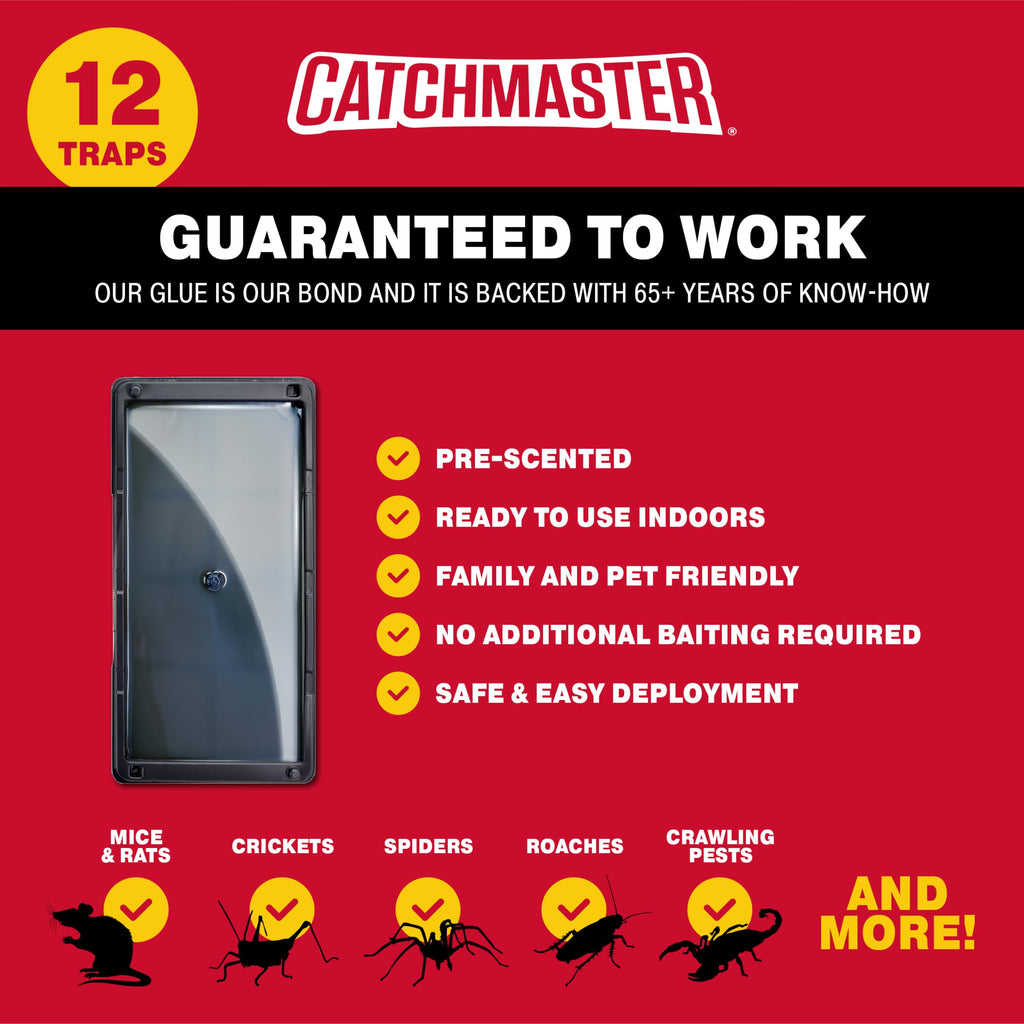 Catchmaster Glue Mouse Traps Indoor for Home 12PK, Bulk Glue Traps for Mice and Rats, Pre-Baited Adhesive Plastic Trays for Inside House, Snake, Lizard, Insect, & Spider Traps, Pet Safe Pest Control-UPStoxs
