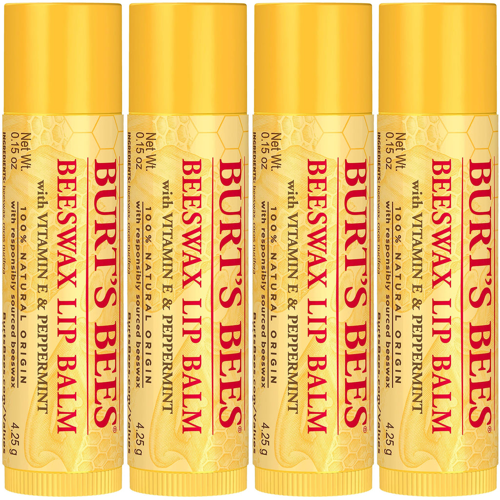 Burt's Bees Lip Balm - Original Beeswax, Lip Moisturizer With Responsibly Sourced Beeswax, Tint-Free, Natural Origin Conditioning Lip Treatment, 4 Tubes, 0.15 oz.-UPStoxs